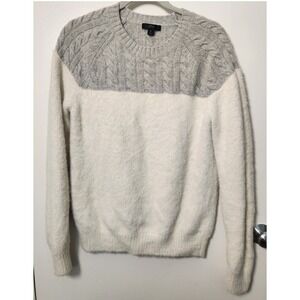 J. Crew Cable Knit Fuzzy Wool Blend Women's White Gray Sweater‎ Medium Cozy